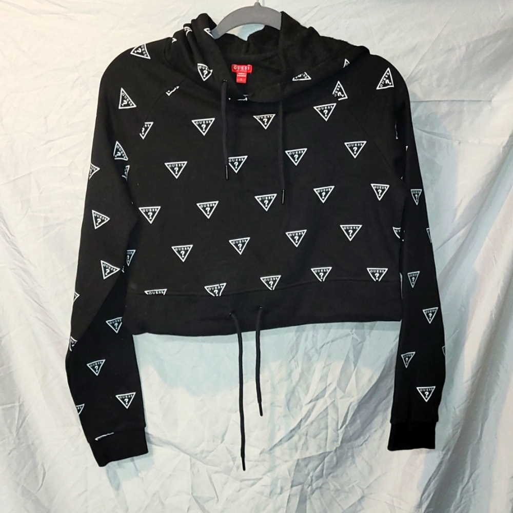 Guess Black Logo Hooded Sweatshirt Crop Top Sz S